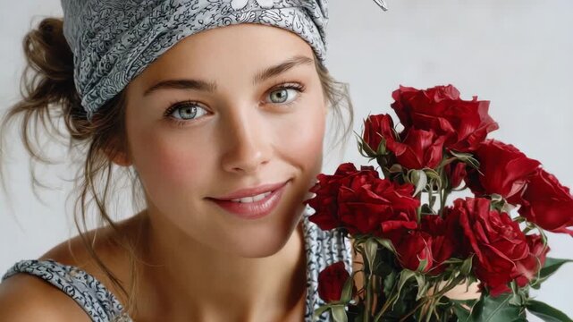 Portrait of a woman holding red roses in a stylish setting with natural lighting