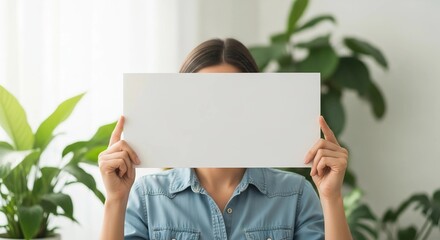 Woman holding blank white sign covering face for message text