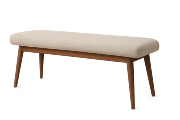Modern bench with light beige cushion isolated on a transparent background