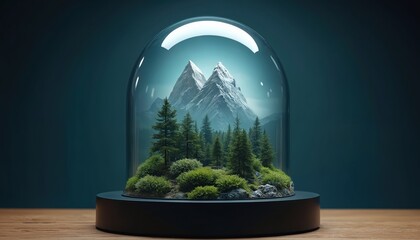 Landscape with snowy mountains, forest, and moss inside a glass dome. It is based on a black stand on wood table. Symbolizes nature conservation and eco balance in future.