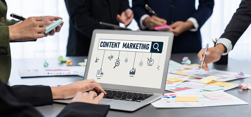 Analyst team use sticky note for creative and analytic brainstorm for business idea with BI data dashboard on laptop screen. Analysis financial data visualization tech for marketing strategy. Prodigy