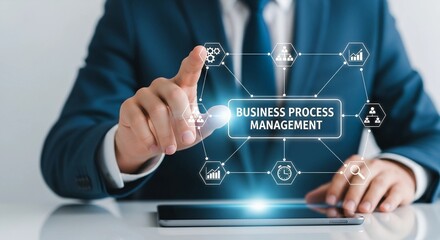 Businessman touching virtual business process management interface