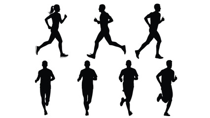 Running People Silhouettes Set. Men and Women Jogging and Sprinting Vector Collection