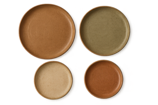 Collection of four earth-toned ceramic plates isolated on transparent background.