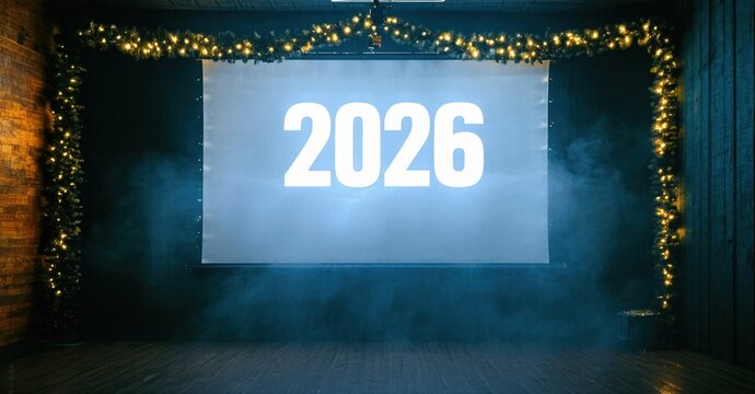 Stage displays bright number 2026. Lights frame screen, creating dramatic effect. Dark wood paneling surrounds presentation area. - Powered by Adobe