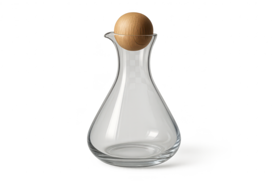 Elegant glass carafe with wooden ball stopper isolated on transparent background.