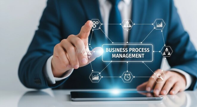 Businessman touching virtual business process management interface