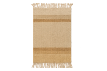 Rectangular striped beige carpet with fringes, isolated on transparent background