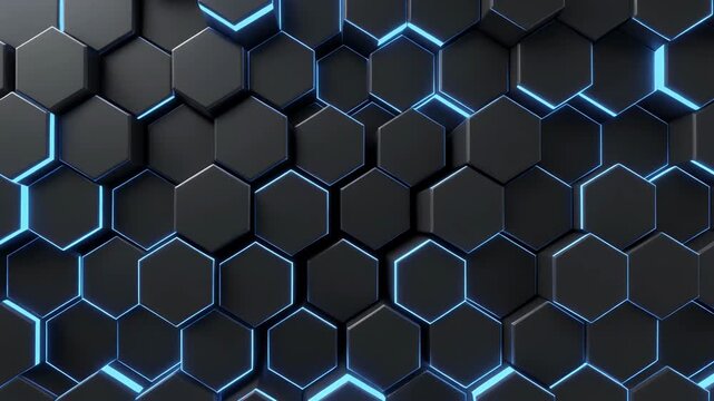Abstract dark hexagonal pattern with glowing blue edges.