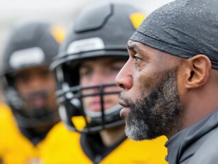 Coach motivates players during intense training session at football camp