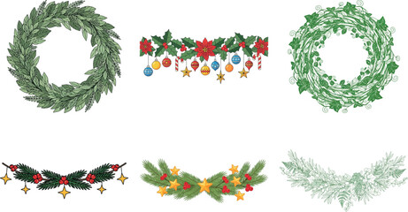 Collection of six festive christmas garlands isolated on transparent background, perfect for adding a touch of holiday cheer to any design