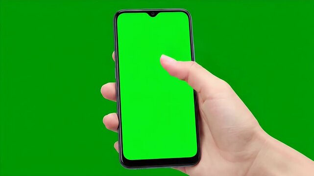 Hand Holding and Using a Smartphone with Green Screen for Chroma Key.