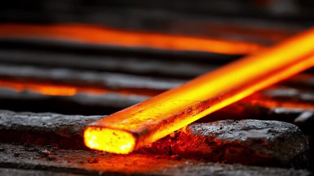 Medium shot of heated titanium rod extrusion process glowing metal being carefully shaped while intense heat enhances malleability and strength.