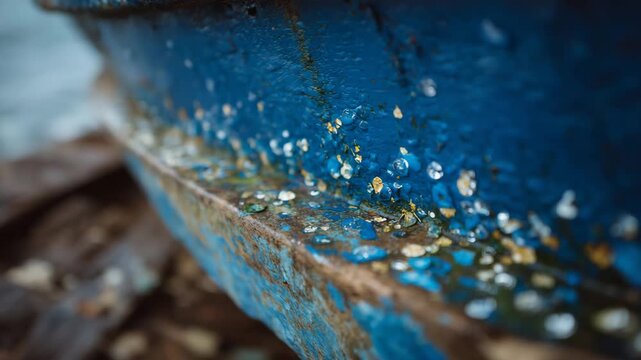 Macro view of ship hull rivets and chipped blue paint with seawater splashes, fine texture details