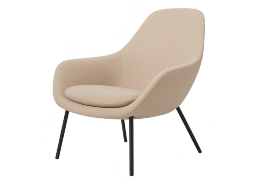 Stylish beige fabric armchair with black legs, isolated on transparent background