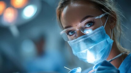 Dentist performing a treatment while wearing protective gear in a modern clinic