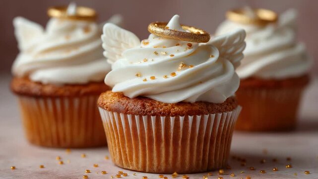 Delicious cupcakes with creamy frosting and golden decorations ready for celebration