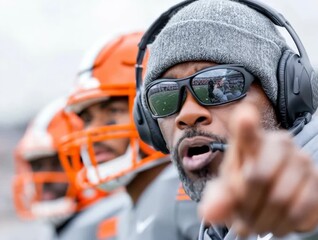 Coach guides team during intense football game on a chilly day in the stadium