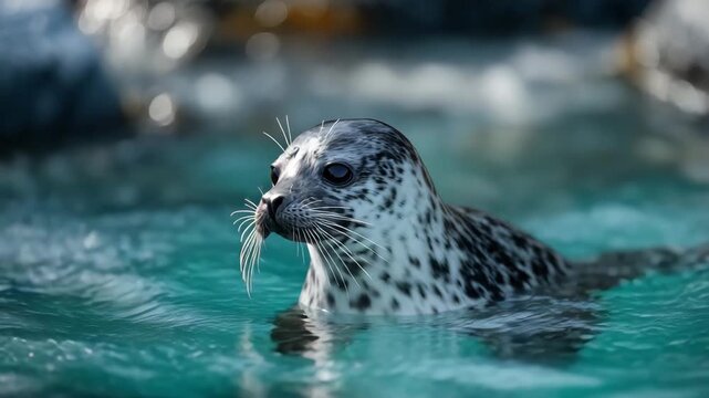 Playful harbor seal pup surfacing, water droplets sparkling around its whiskered face, turquoise water with soft sunlight reflections