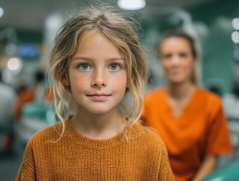 Child smiles brightly during dental check-up at clinic with friendly staff in background