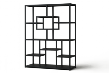 Modern black metal geometric bookshelf isolated on transparent background