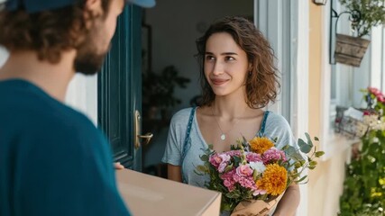 Surprise delivery brings joy as woman receives flowers and a package at her door