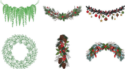 Set of festive green garlands and wreaths isolated on transparent background, perfect for holiday decorations