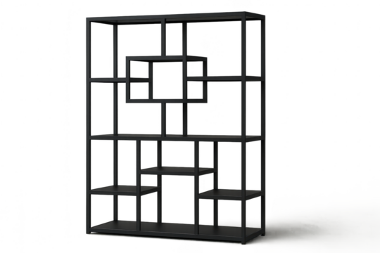 Modern black metal geometric bookshelf isolated on transparent background