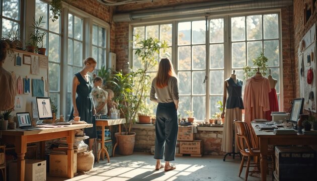 Fashion designers work in a sunlit atelier with sketches, fabrics and mannequins. One designer reviews digital designs on a tablet, another looks out large window. - Powered by Adobe