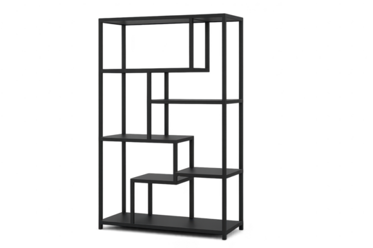 Modern black metal bookshelf with asymmetrical design, isolated on transparent background