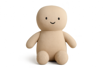 Minimalist beige plush doll with a happy face, isolated on transparent background.