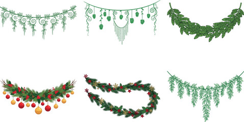 Collection of six different christmas wreaths and garlands isolated on transparent background for holiday decoration