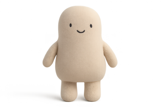 Smiling beige fluffy blob toy character isolated on transparent background.