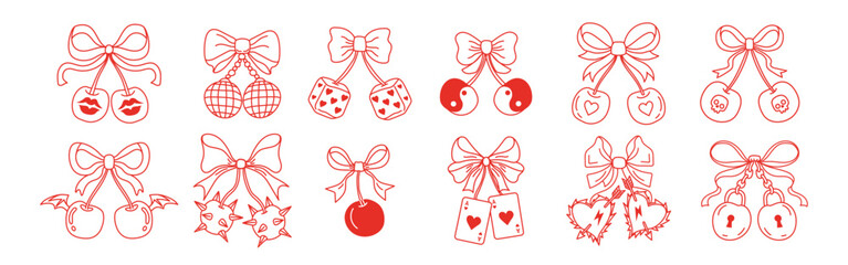 Doodle cherry and bow ribbon Y2K design elements. Retro coquette style line art with vintage tattoo vibes. Cute pink hearts,disco and love motifs for trendy stickers,collage graphics,nostalgic project