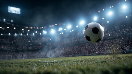 Action-packed soccer scene with a flying ball in stadium, illuminated by bright lights, capturing the excitement and energy of live sports competition