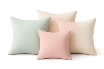 Four soft pastel throw pillows isolated on transparent background, elegant design