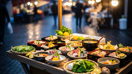 A lavish array of traditional Japanese dishes, beautifully presented on a rustic table in a bustling evening market, inviting a delightful culinary journey with vibrant flavors and fresh ingredients