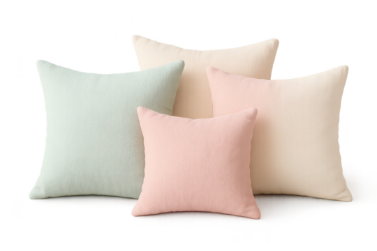 Four soft pastel throw pillows isolated on transparent background, elegant design