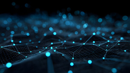 Futuristic mesh grid, glowing blue nodes, digital innovation theme, tech startup aesthetic, high-detail 3D render, modern abstract technological background.