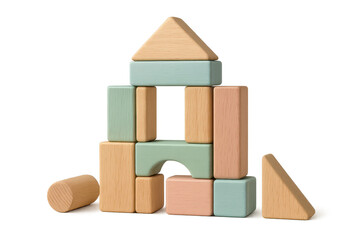 Educational wooden toy blocks constructing a house, isolated on transparent background