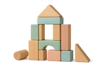 Educational wooden toy blocks constructing a house, isolated on transparent background