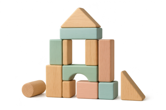 Educational wooden toy blocks constructing a house, isolated on transparent background