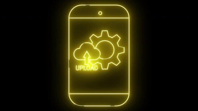 Yellow neon phone icon with a cloud gear and upward arrow labeled UPLOAD on a black background