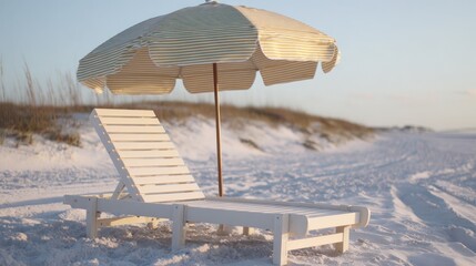 A white chaise lounge rests under a striped umbrella, golden coastal light warming the sand. travel magazines, destination branding, designed for outdoor magazines and nature guides.