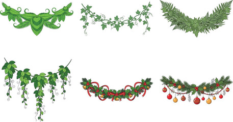 Collection of festive christmas garlands isolated on transparent background for holiday decorations and celebrations