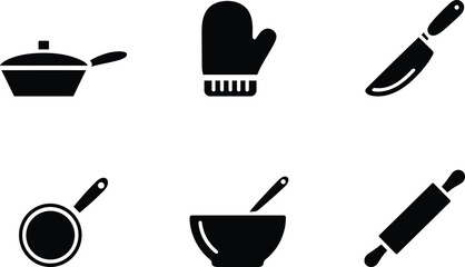 Kitchen Utensils Black Silhouette Set Cookware and Baking Tools Isolated Design