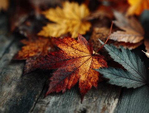 Autumn leaves scatter on wooden surface showcasing vibrant colors and textures from the forest floor
