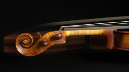 A violin bow in motion with blurred strings, wooden texture under warm lighting. travel magazines, destination branding, designed for outdoor magazines and nature guides.