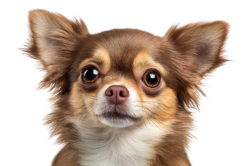 Close up portrait of a tan chihuahua dog isolated on transparent background. Close-up portrait of a small tan chihuahua dog isolated on white background.