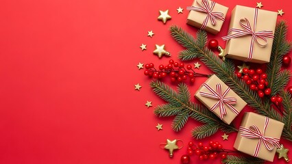 Christmas flat lay with gift box, pine branch, and red berry on red